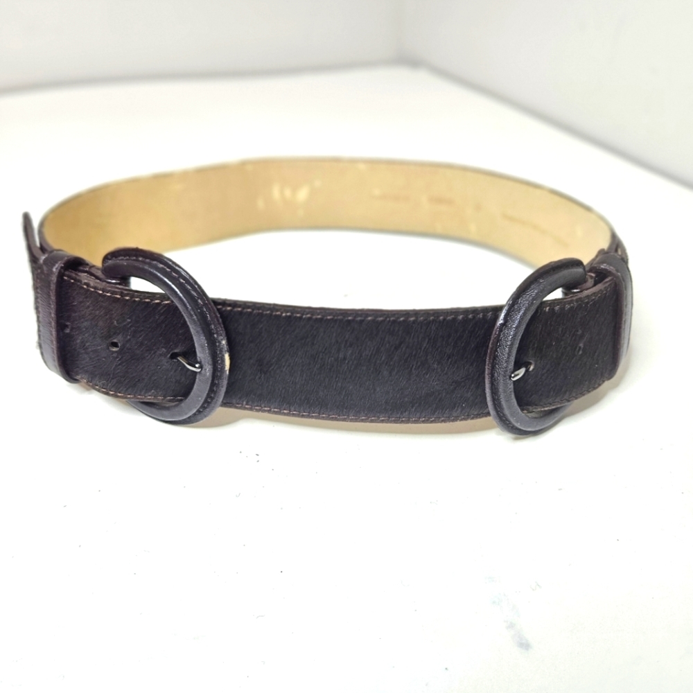 Carlisle Chocolate Brown Double Buckle Pony Hair Leather Belt, S Small Vintage